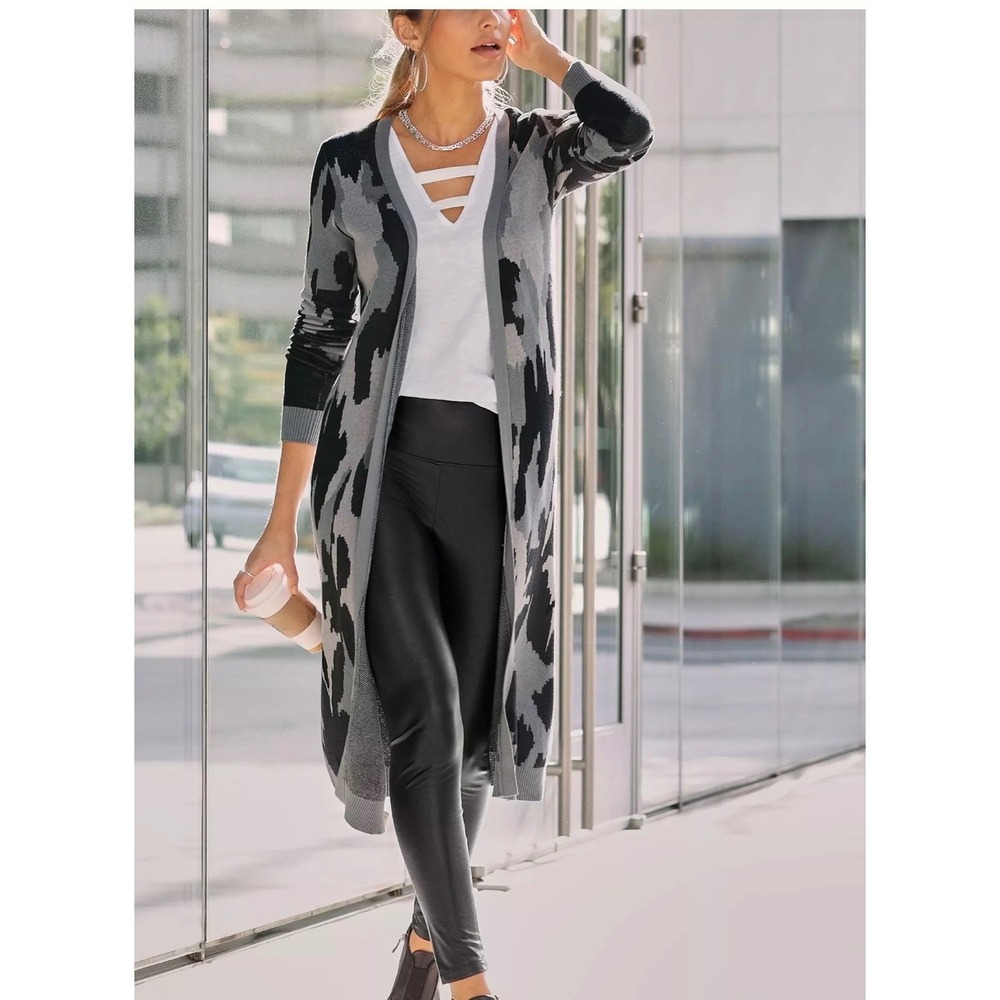 Knit Long Open Front Cardigan Grey Camo Duster Women S Whimsigoth Layering Edgy
